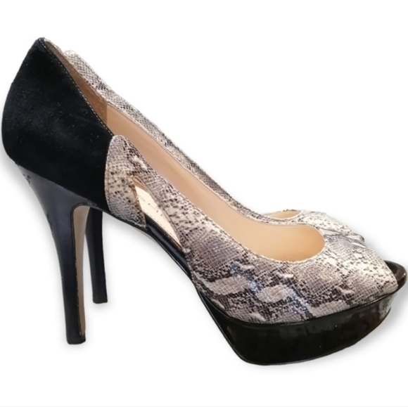 Marc Fisher Shoes - Marc Fisher Snake Print Silver and Black Peep Toe Platform Suede Heels 9